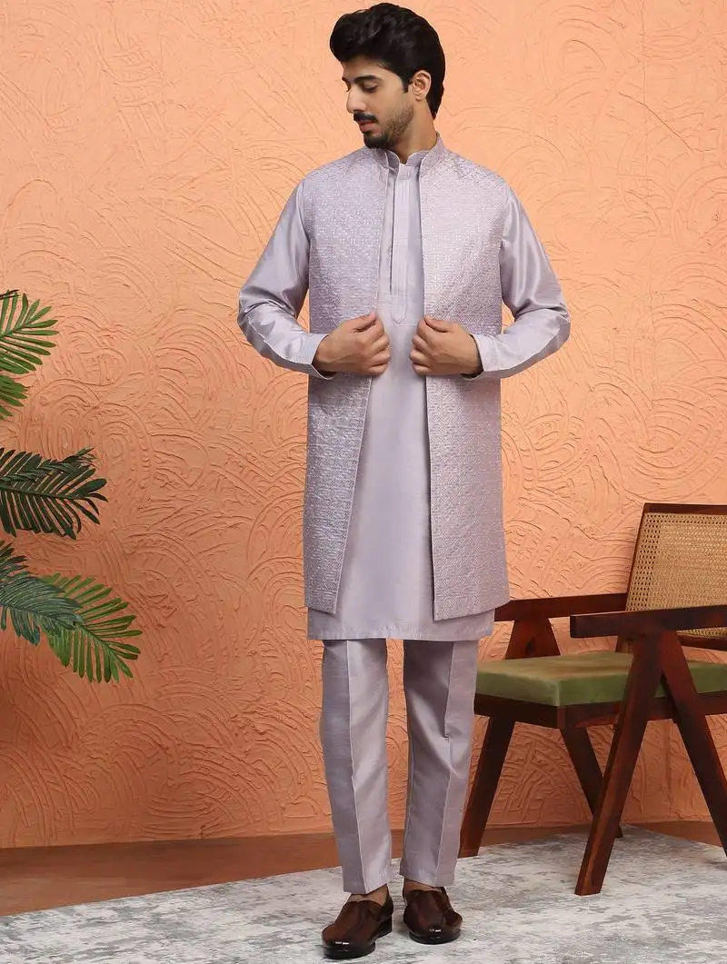 Silk blend mauve kurta and trouser with long embroidered sequin nehru jacket