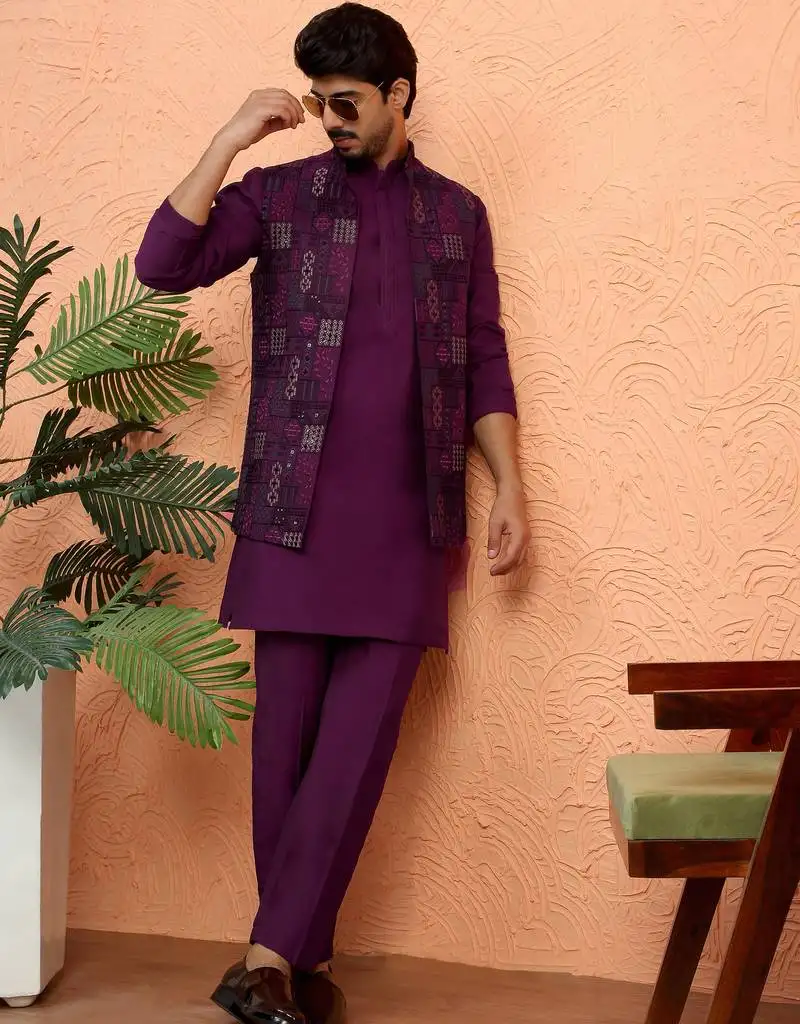 Silk blend wine kurta and trouser with embroidered nehru jacket
