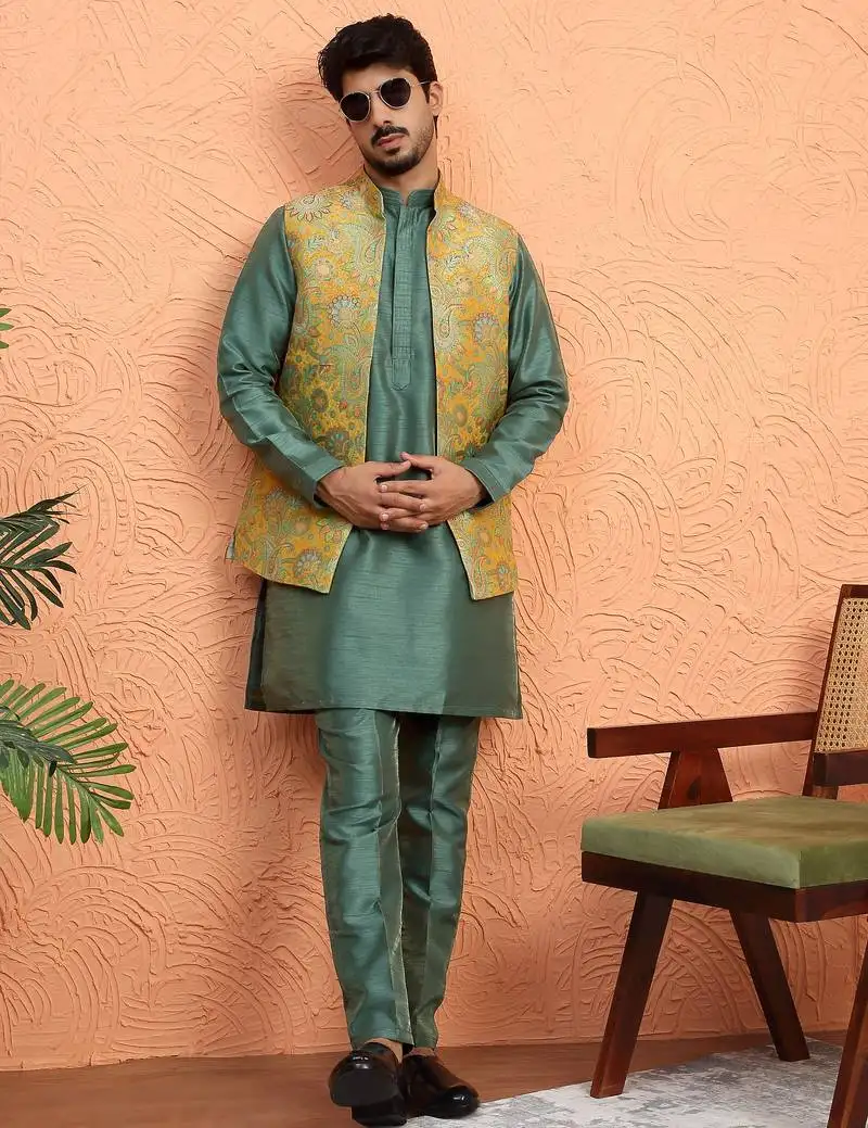 Silk blend green kurta and trouser with jacquard nehru jacket