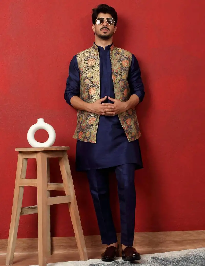 Silk blend blue kurta and trouser with jacquard nehru jacket