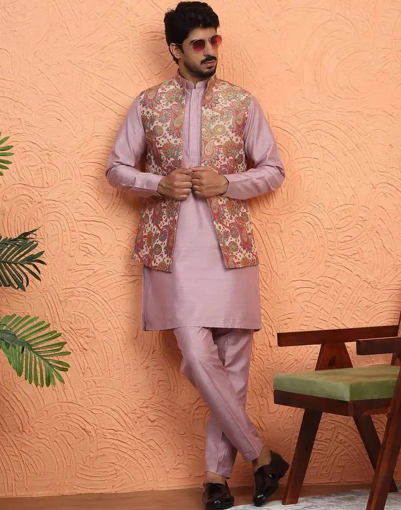 Silk blend mauve kurta and trouser with jacquard nehru jacket