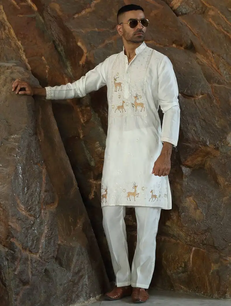 Cotton silk embroidered cream kurta and trouser pant