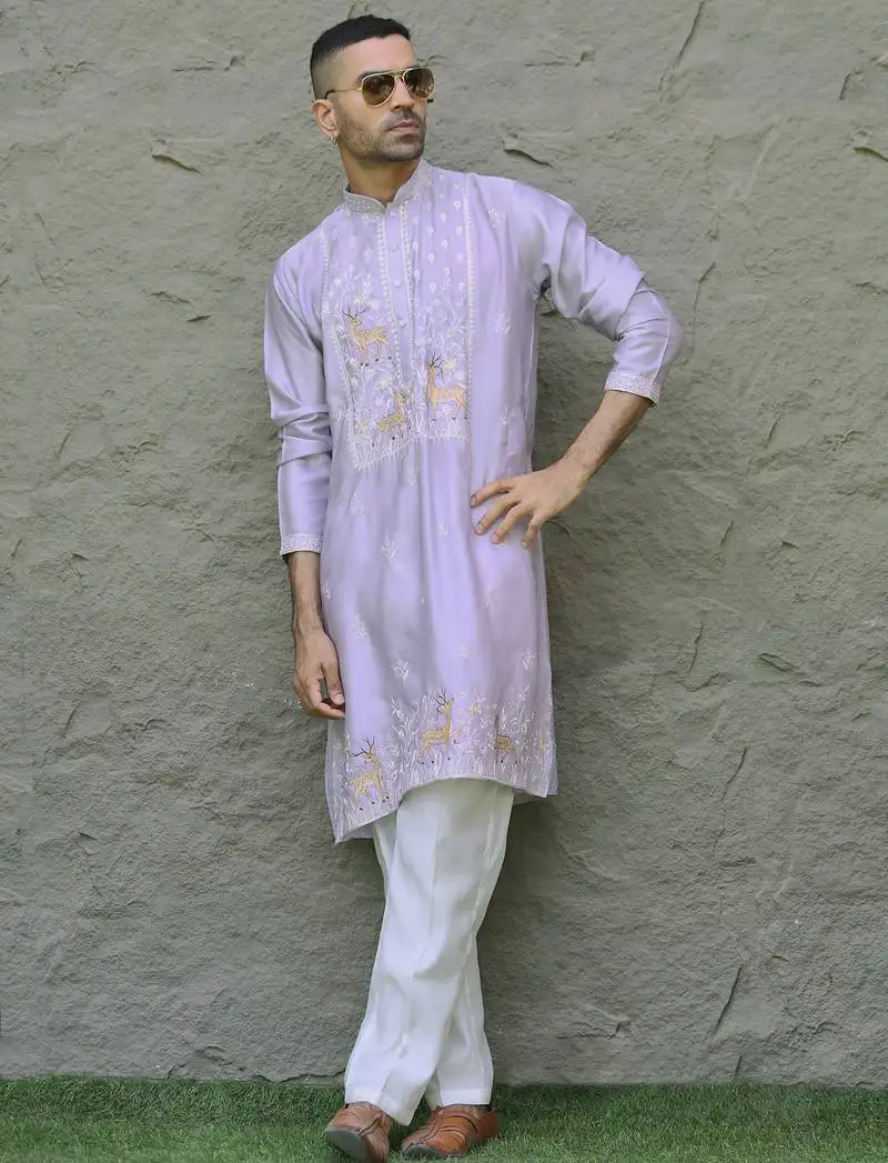 Cotton silk embroidered mauve kurta and trouser pant