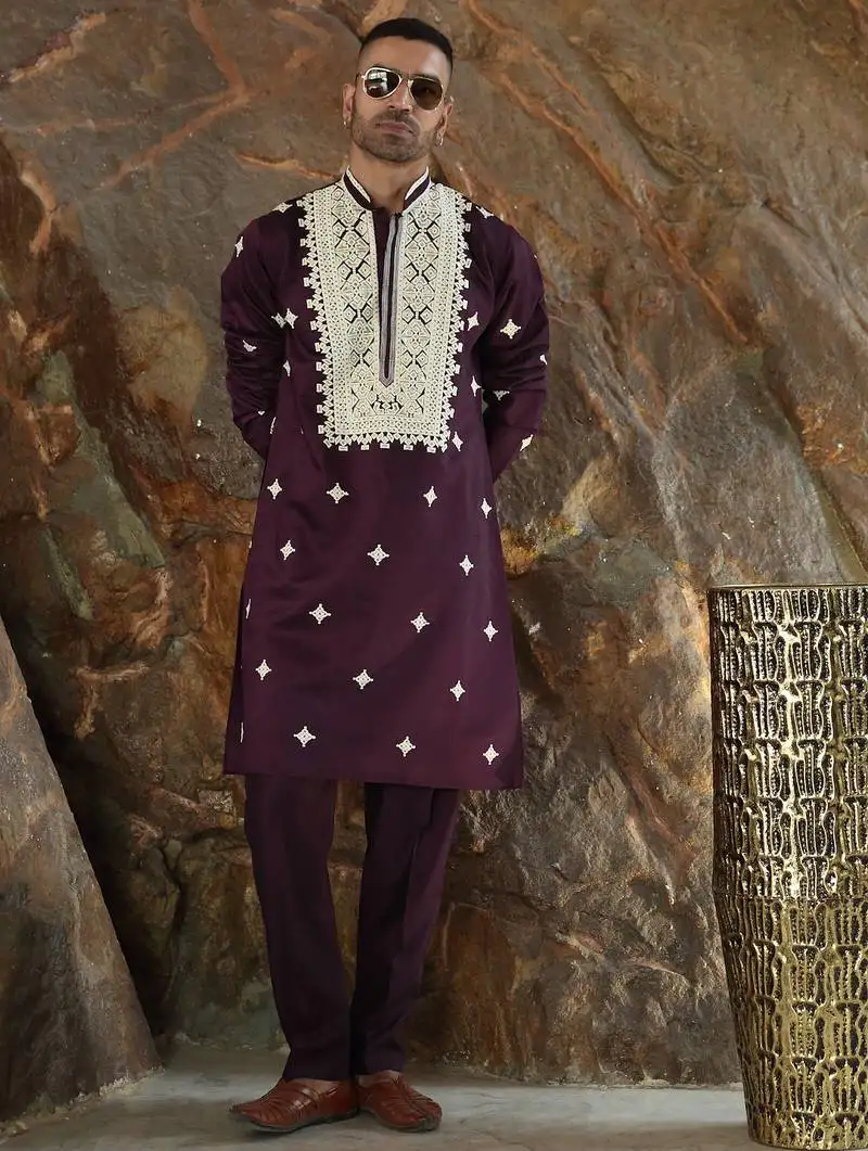 Cotton silk embroidered yoke design wine kurta with trouser pant