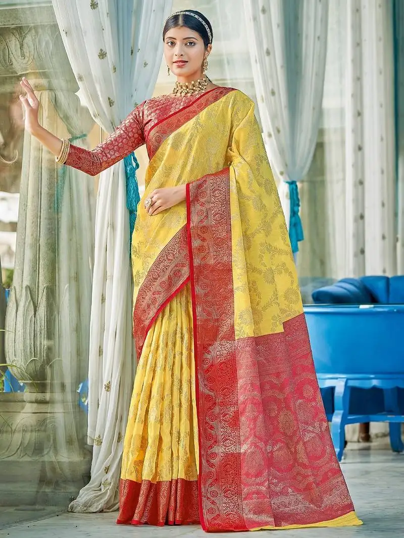 Yellow color beautiful woven designer linen cotton fabric saree