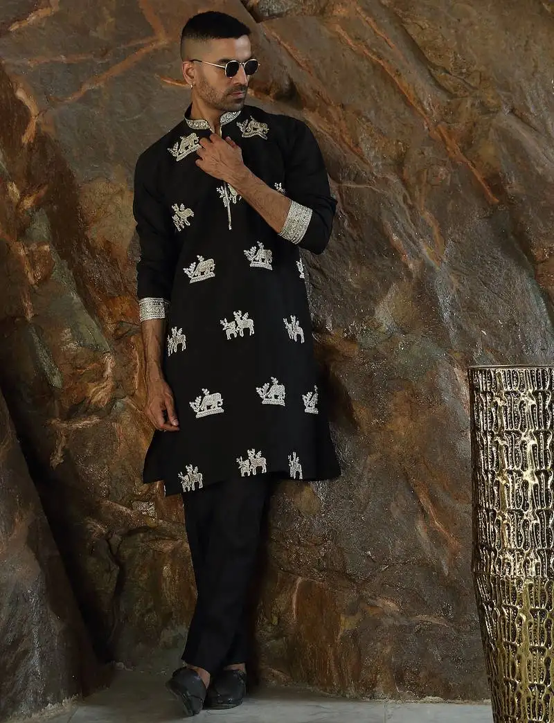 Cotton silk ethnic motifs embroidered black kurta with trouser pant