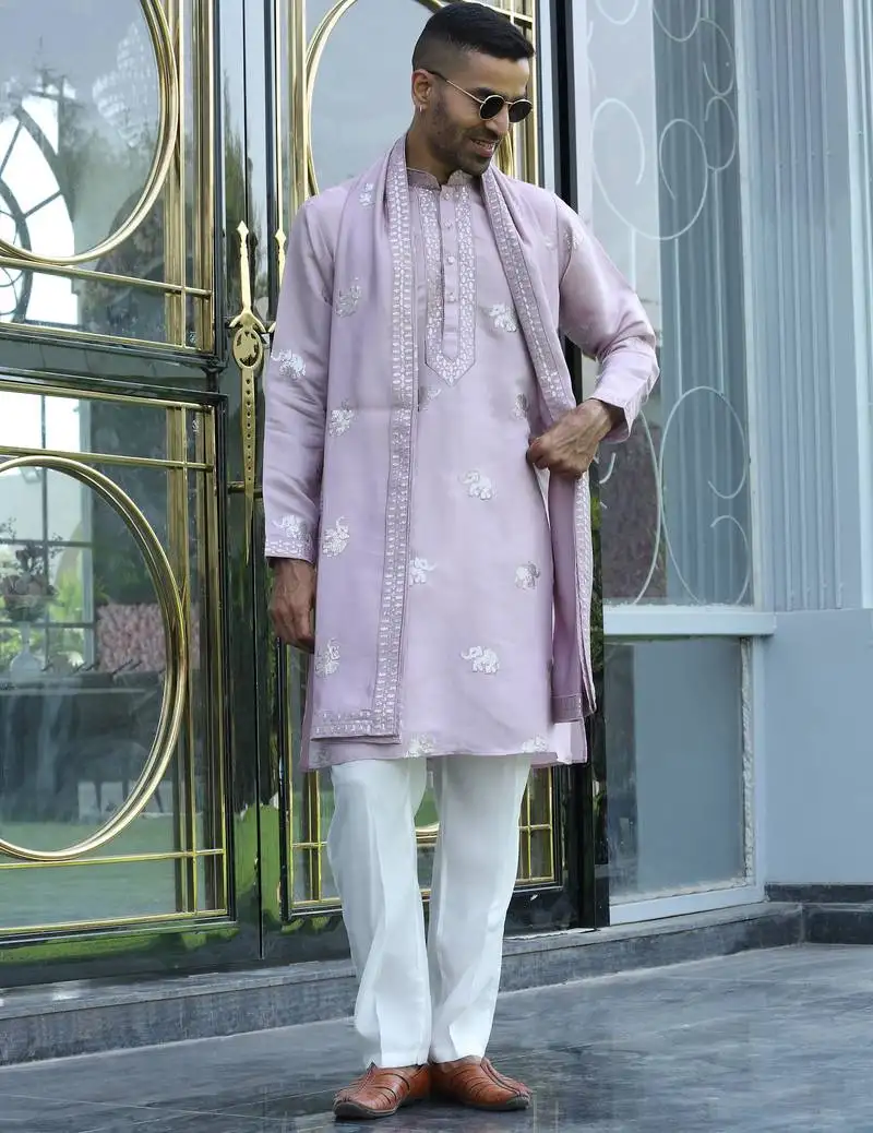 Cotton silk yoke design embroidered mauve kurta and trouser pant with dupatta