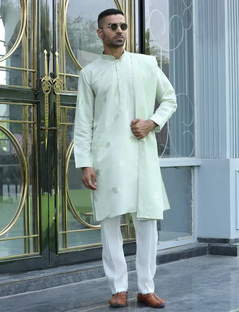 Cotton silk yoke design embroidered green kurta and trouser pant with dupatta