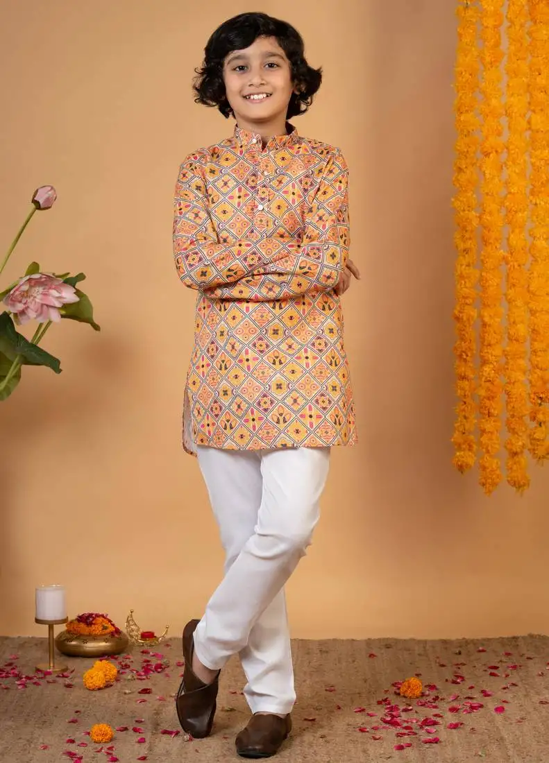 Boys mustard cotton blend diamond motifs printed kurta pyjama set