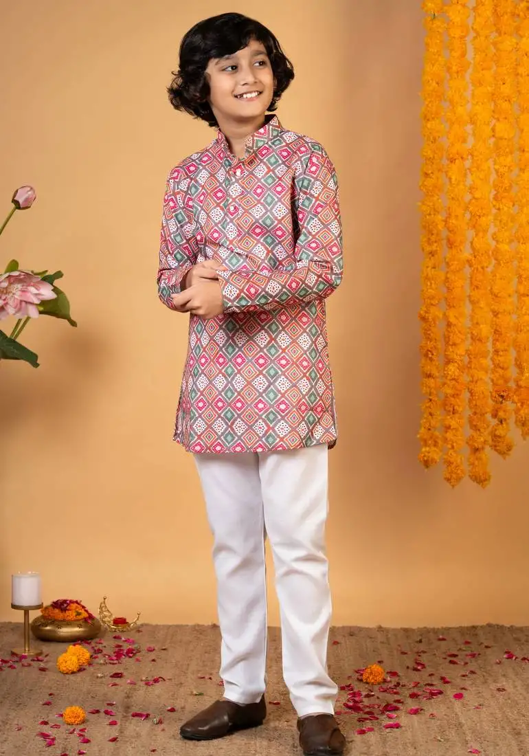 Boys multicolor cotton blend diamond motifs printed kurta pyjama set
