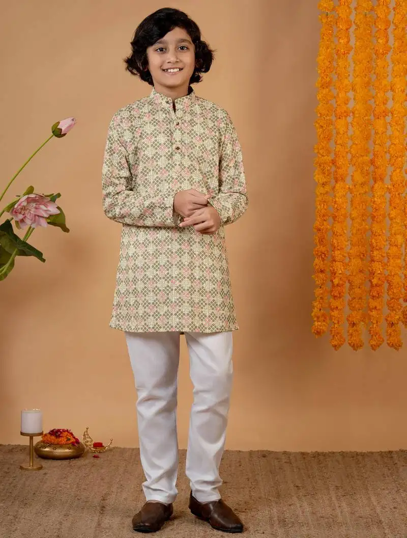 Boys light green rayon embroidered sequined geometric kurta pyjama set