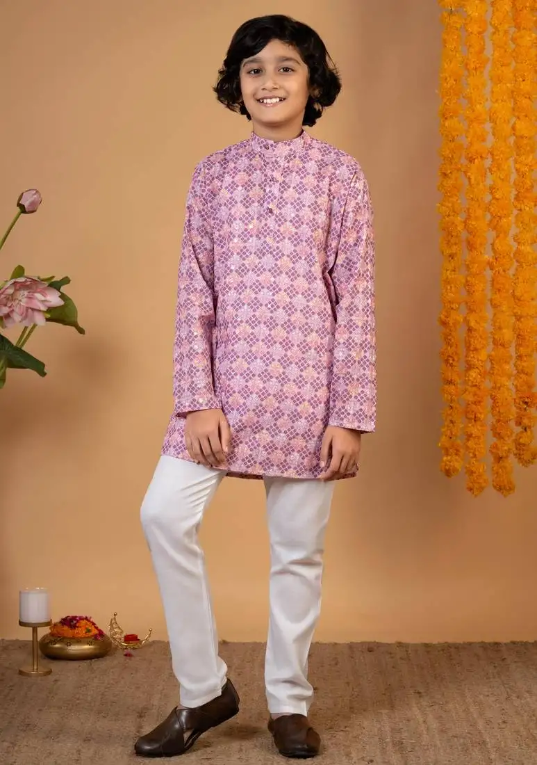Boys onion rayon embroidered sequined geometric kurta pyjama set