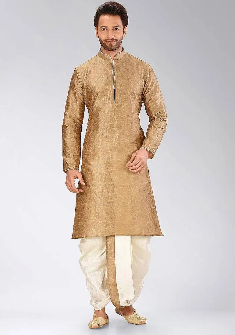 Beige dupon art silk kurta with pipepin work