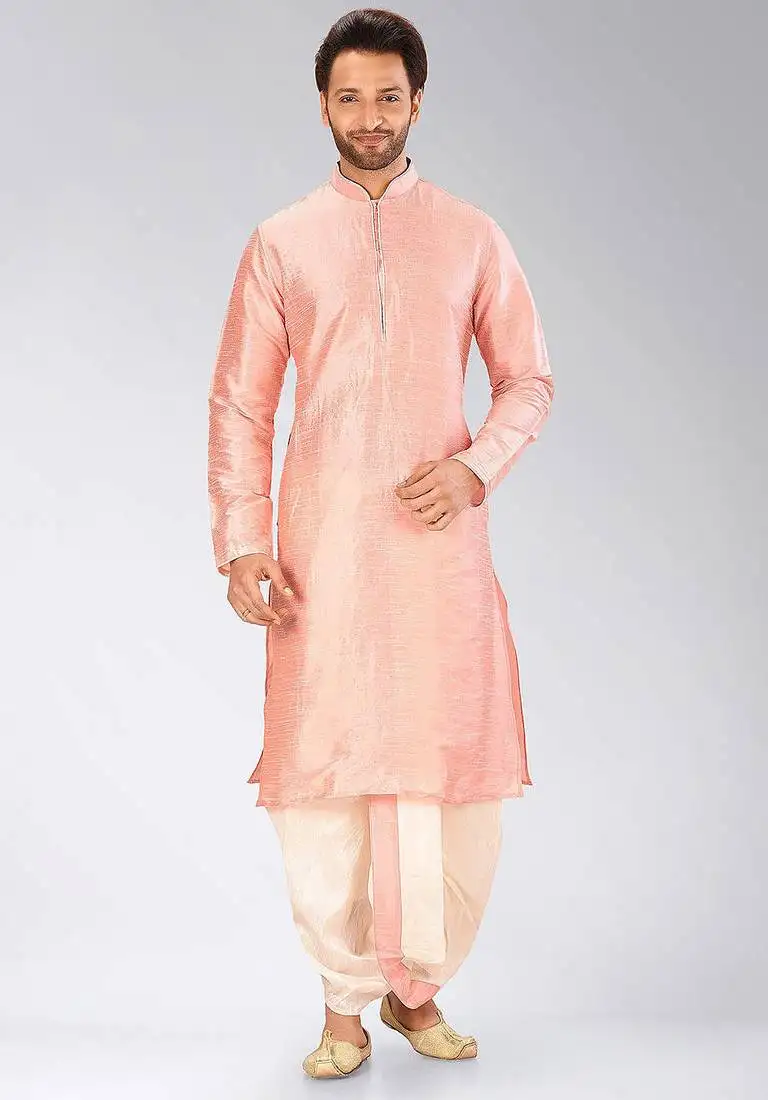 Pink dupon art silk kurta with pipepin work