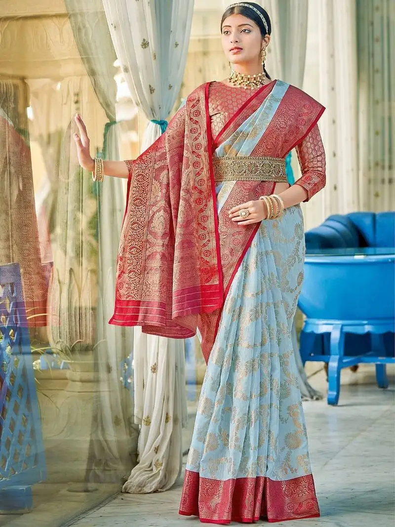 Sky blue color beautiful woven designer linen cotton fabric saree