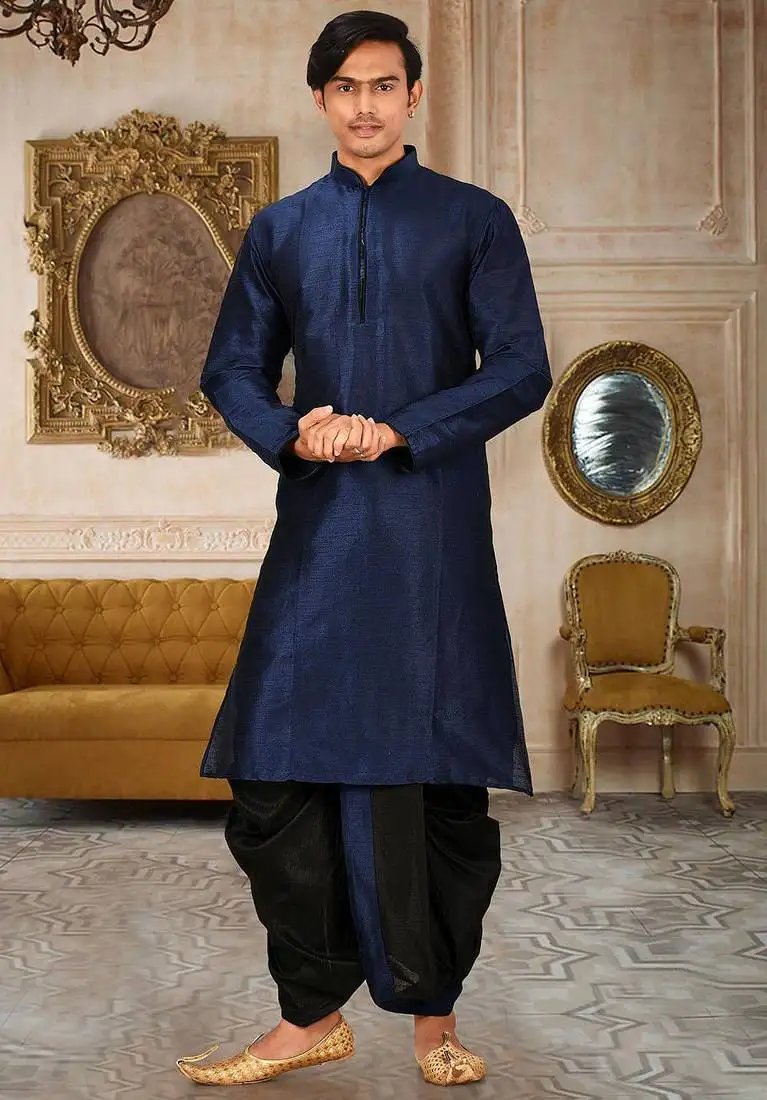 Navy blue dupon art silk kurta with pipepin work