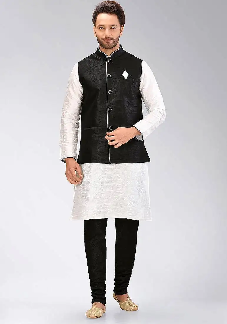 Black dupon art silk kurta, jacket with matching churidar