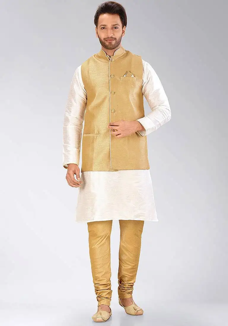 Biscuit dupon art silk kurta, jacket with matching churidar