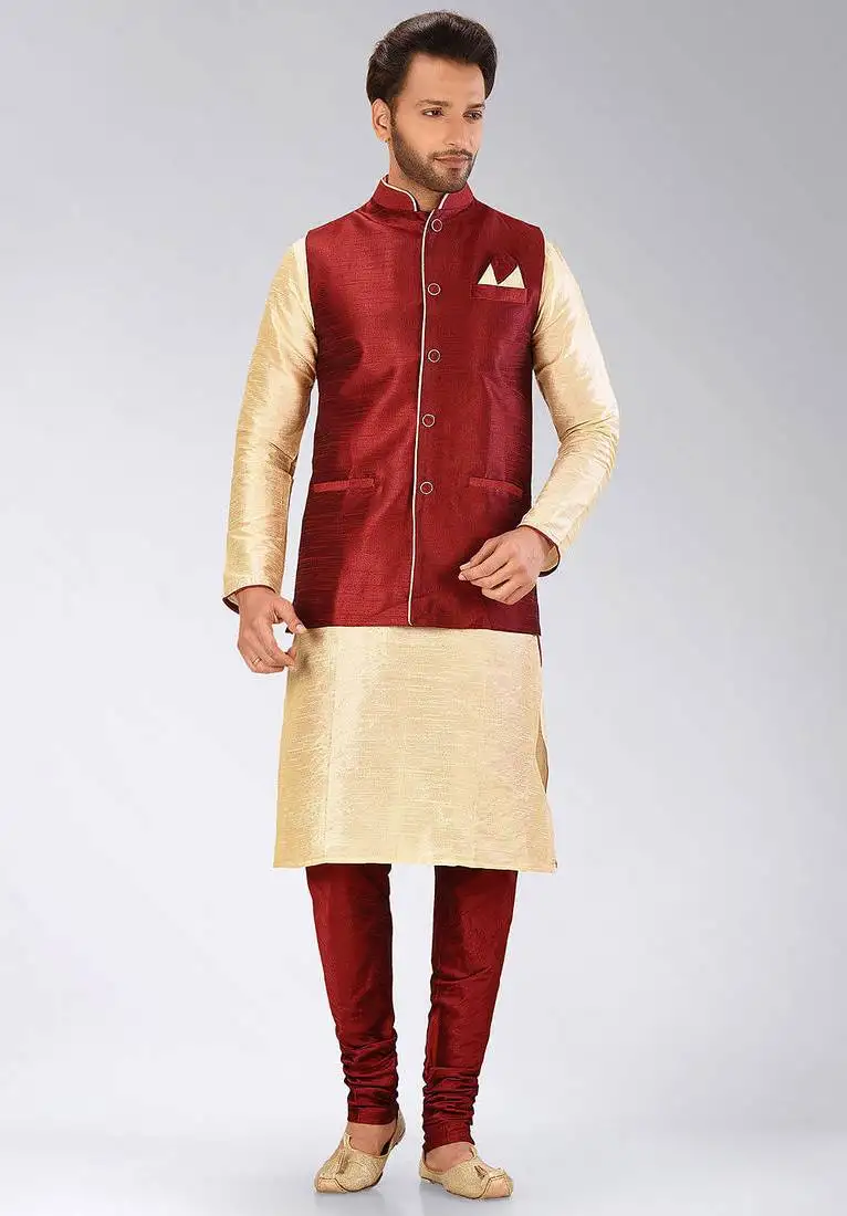 Red dupon art silk kurta, jacket with matching churidar