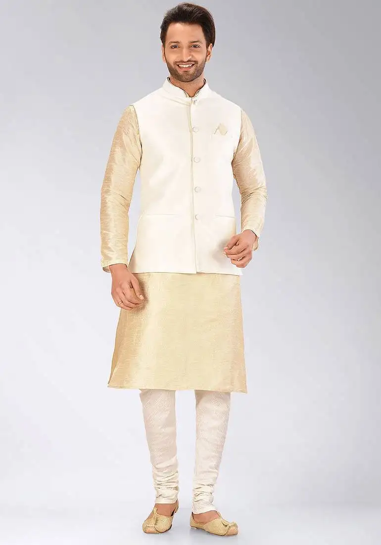 Cream dupon art silk kurta, jacket with matching churidar