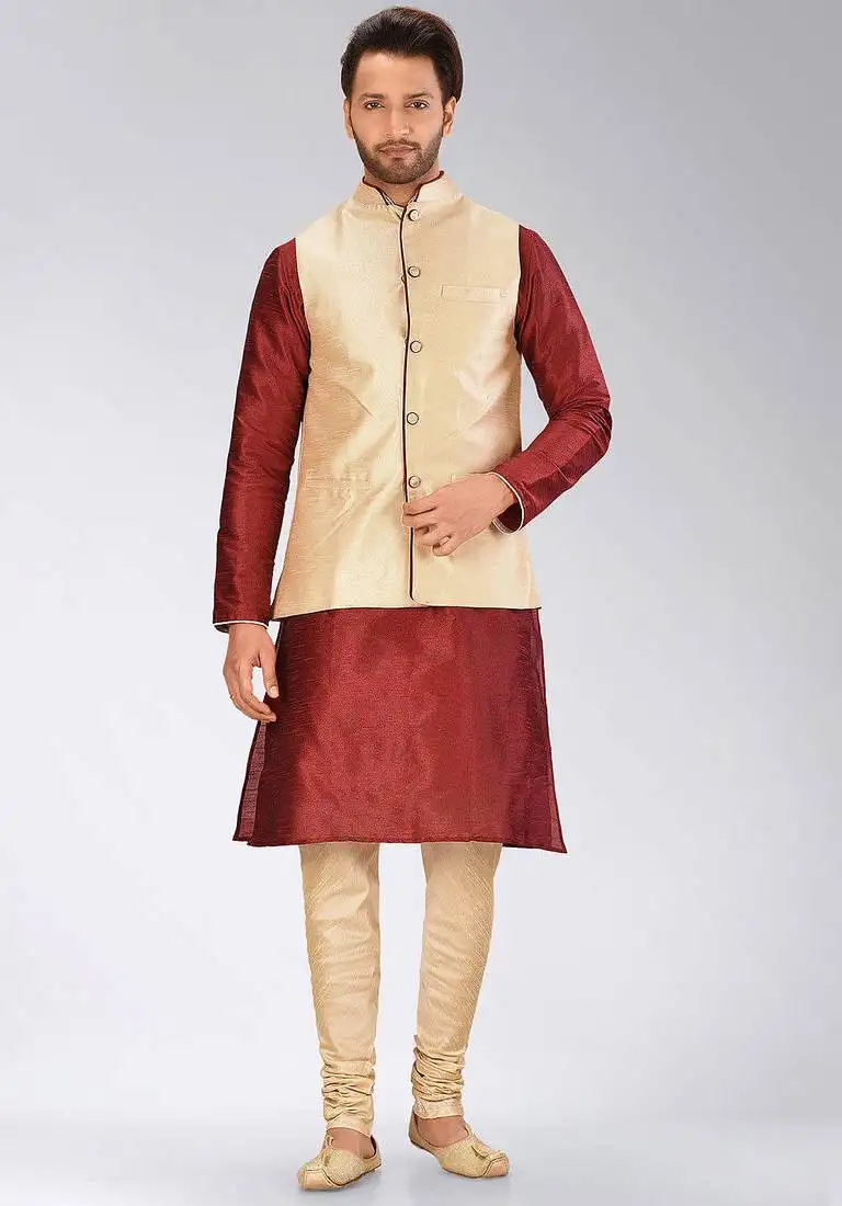 Fawn dupon art silk kurta, jacket with matching churidar