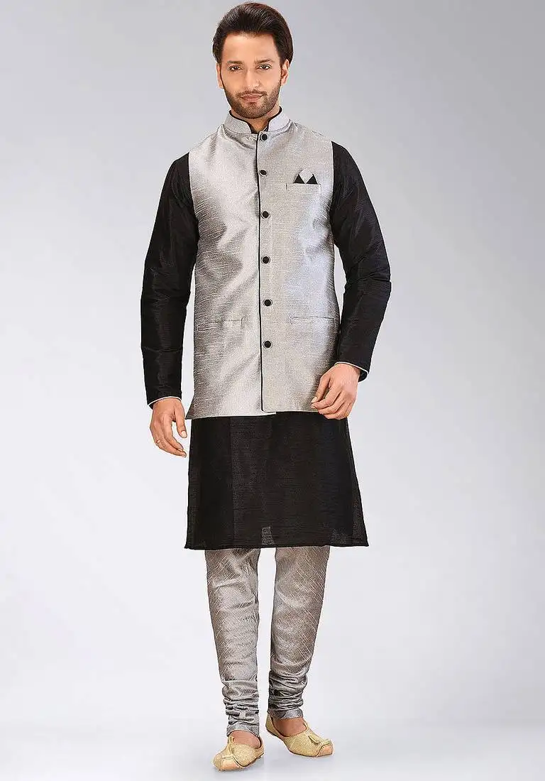 Grey dupon art silk kurta, jacket with matching churidar