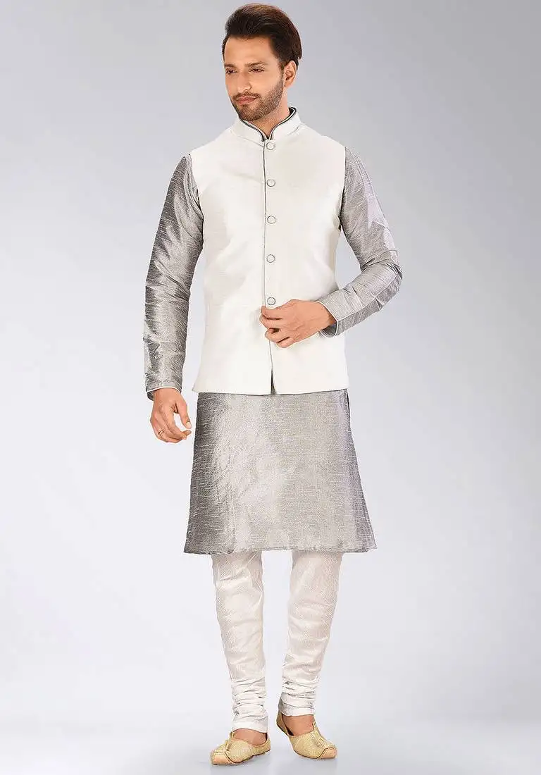 White dupon art silk kurta, jacket with matching churidar