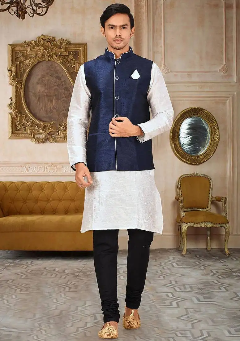 Navy blue dupon art silk kurta, jacket with matching churidar