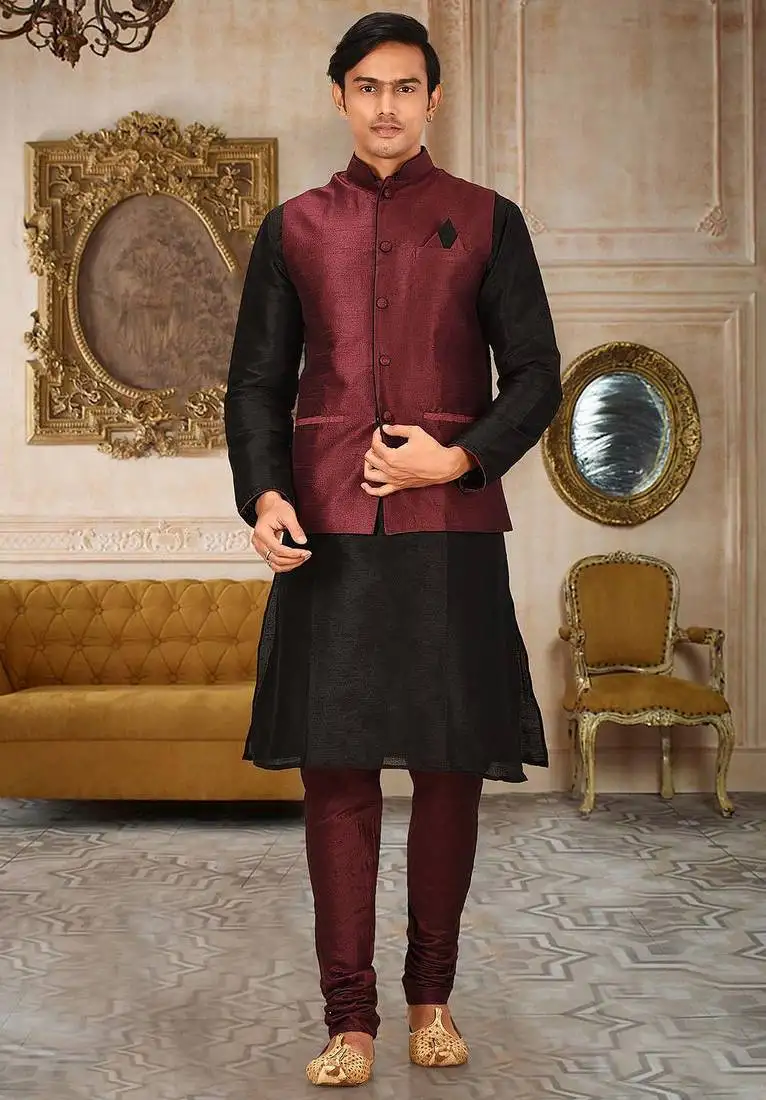 Mahroon dupon art silk kurta, jacket with matching churidar