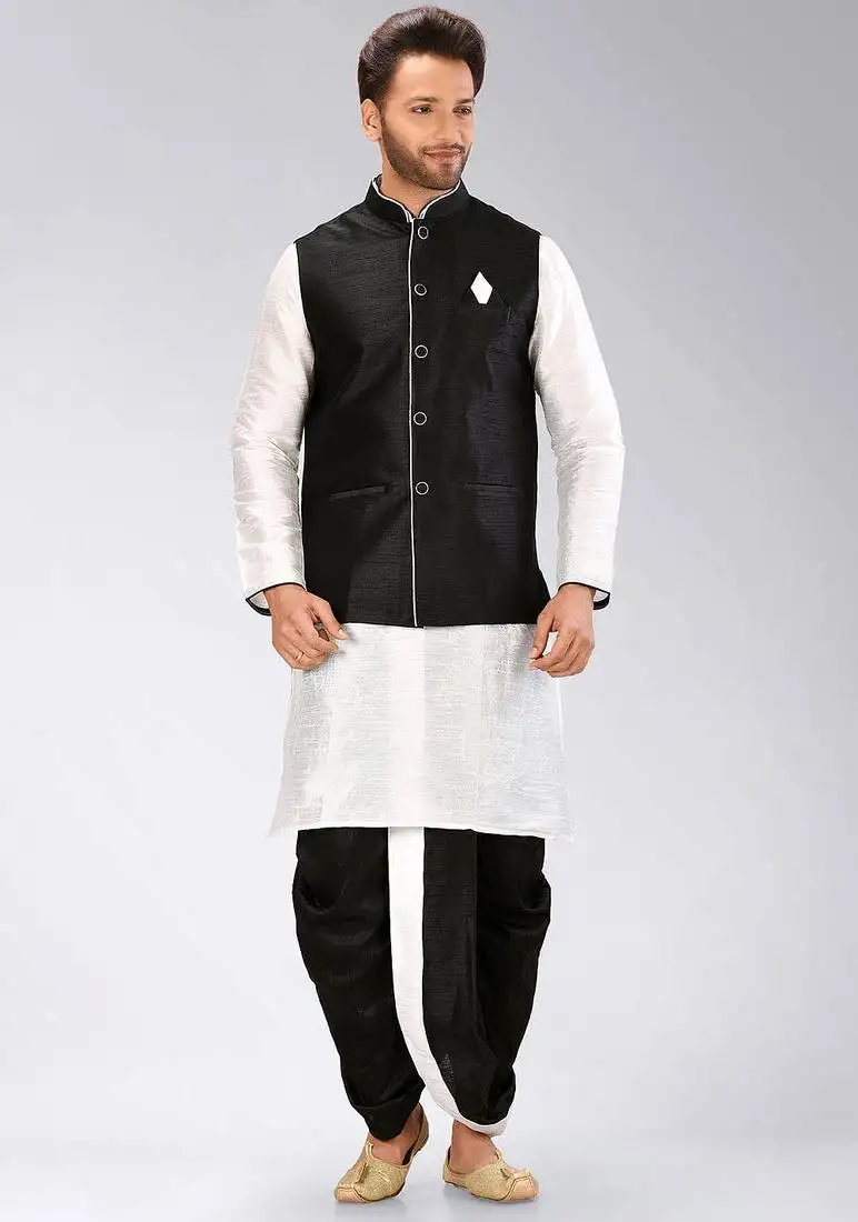 White dupon art silk kurta, jacket with matching dhoti