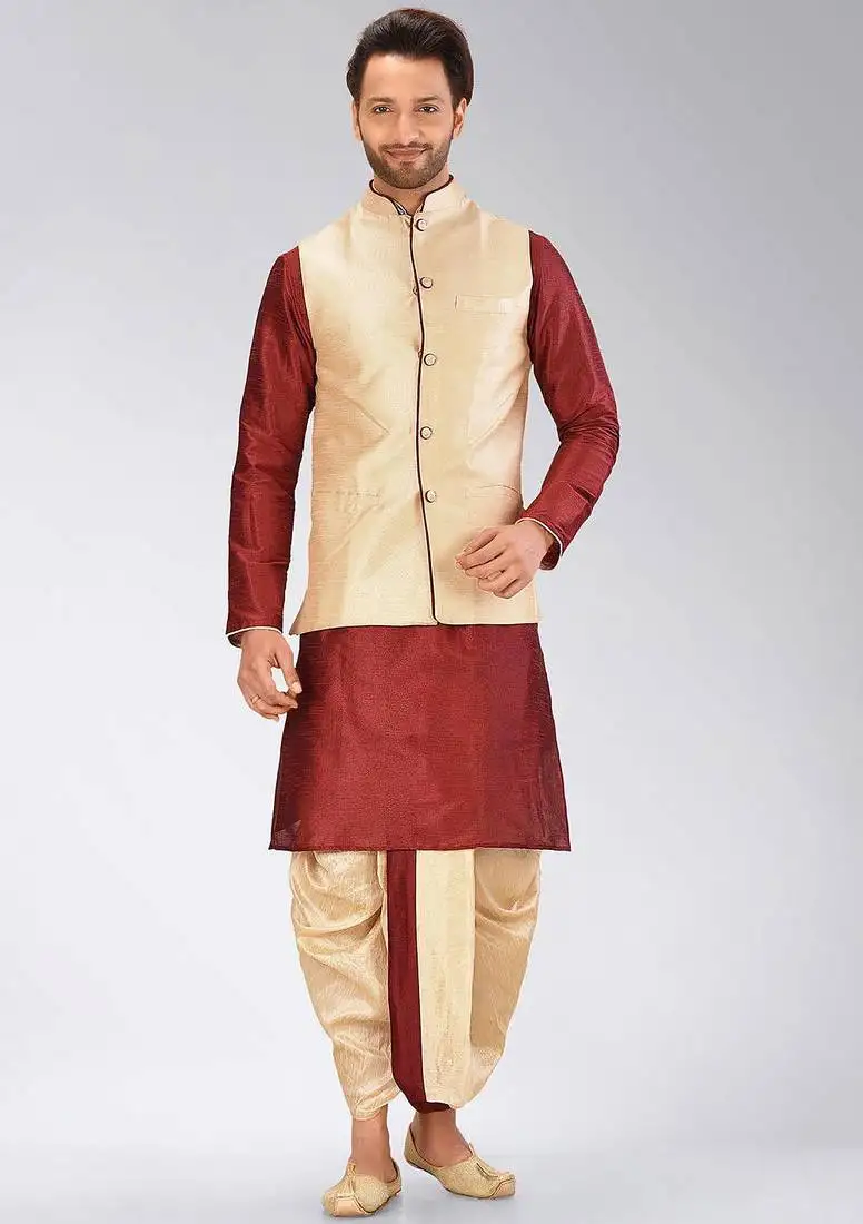 Red dupon art silk kurta, jacket with matching dhoti