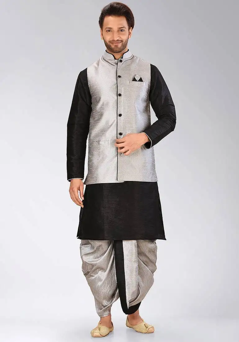 Black dupon art silk kurta, jacket with matching dhoti