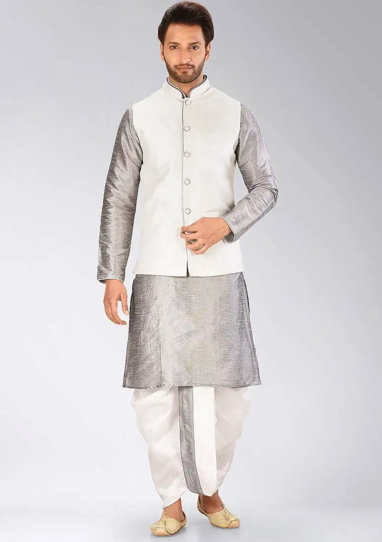 Grey dupon art silk kurta, jacket with matching dhoti