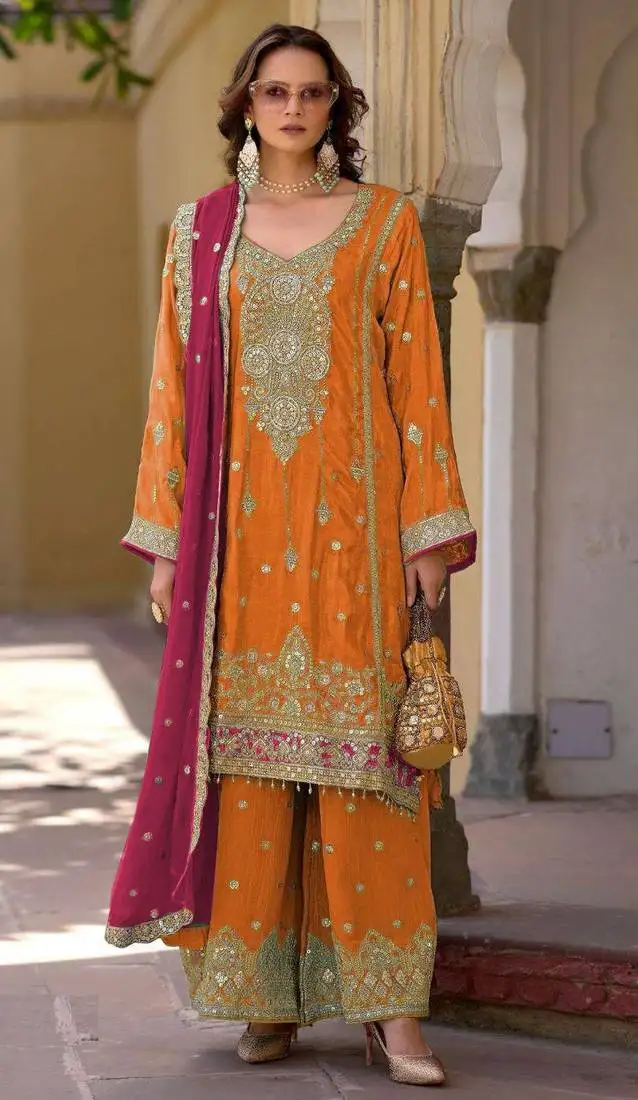 Orange embroidered chinon semi-stitched palazzo style salwar suit semi stitched