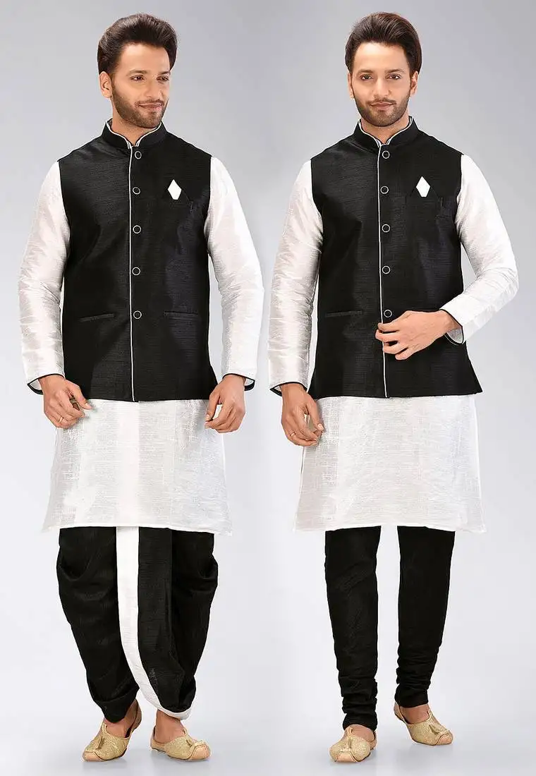 White dupon art silk kurta, jacket with matching dhoti and churidar