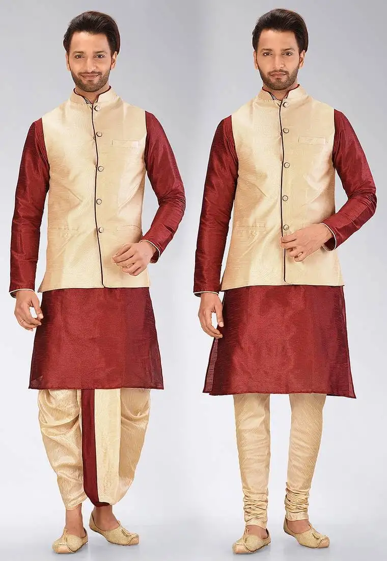 Red dupon art silk kurta, jacket with matching dhoti and churidar