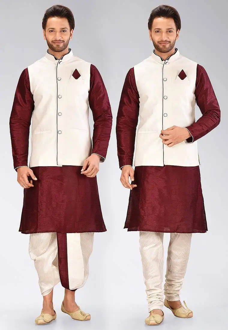 Maroon dupon art silk kurta, jacket with matching dhoti and churidar