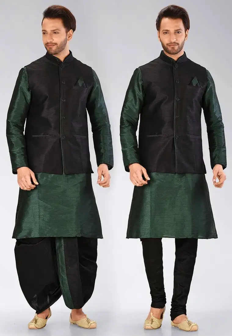 Green dupon art silk kurta, jacket with matching dhoti and churidar