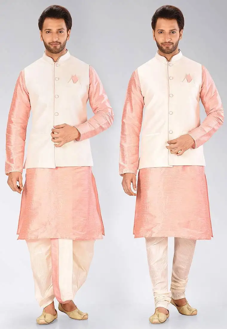 Pink dupon art silk kurta, jacket with matching dhoti and churidar