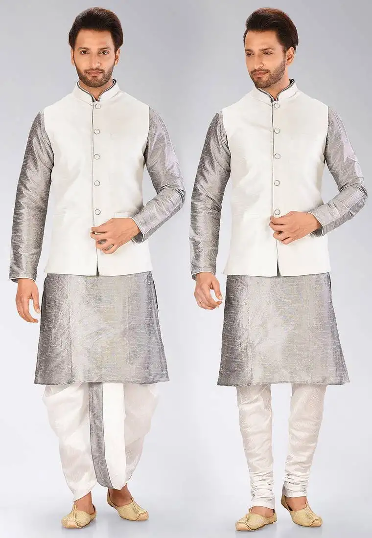 Grey dupon art silk kurta, jacket with matching dhoti and churidar