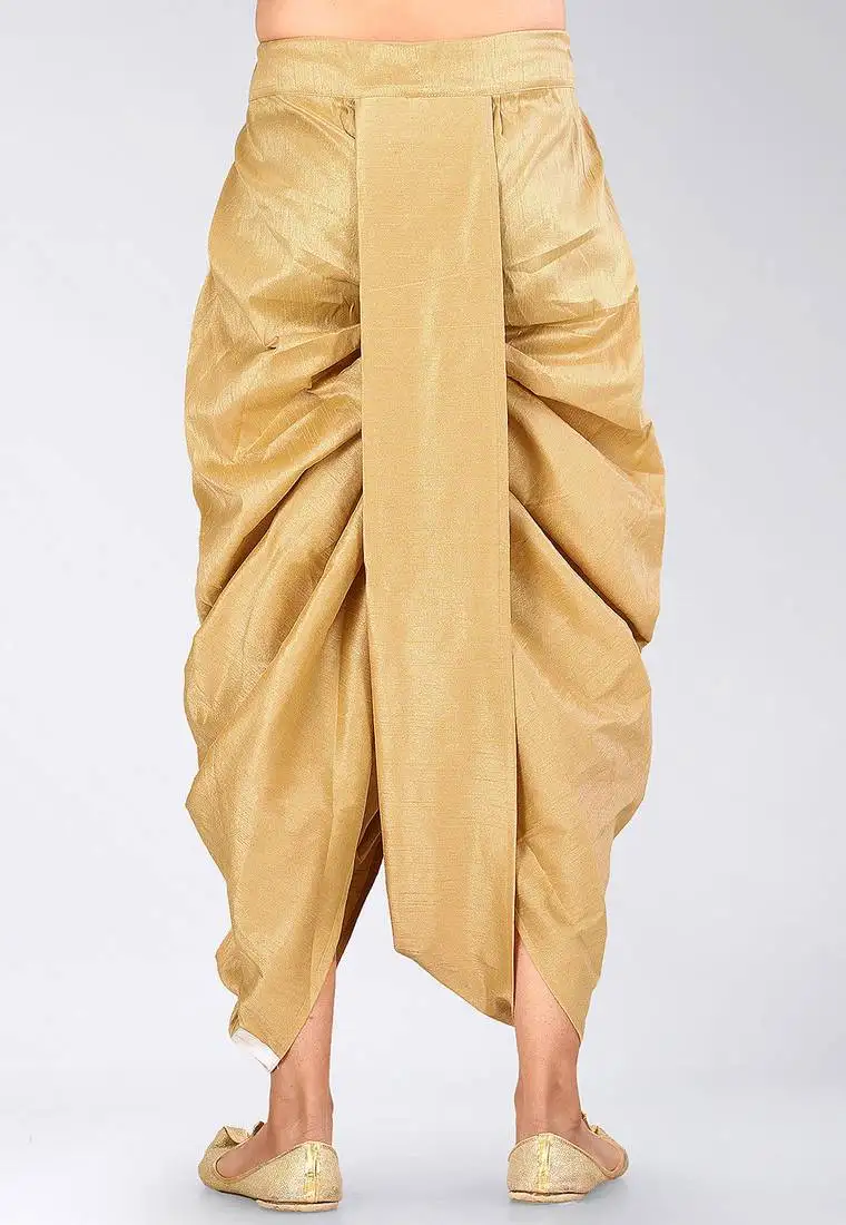 Cream dupion art silk readymade dhoti with patch work