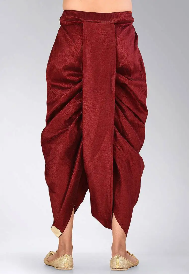 Maroon dupion art silk readymade dhoti with patch work