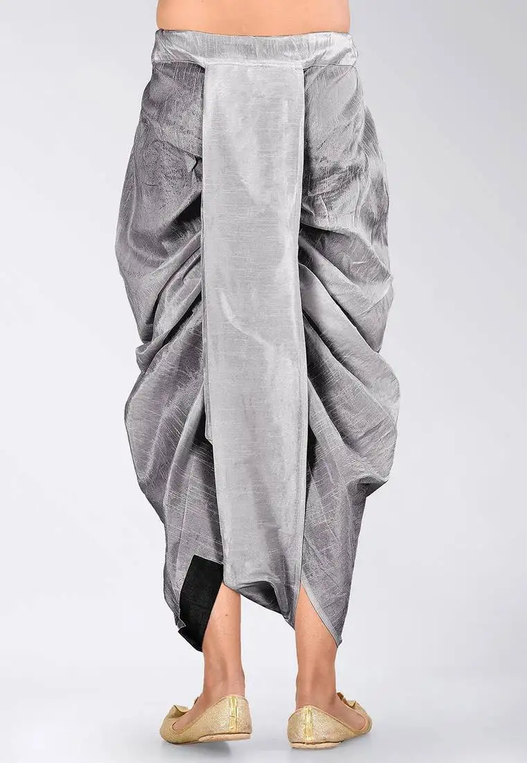 Grey dupion art silk readymade dhoti with patch work