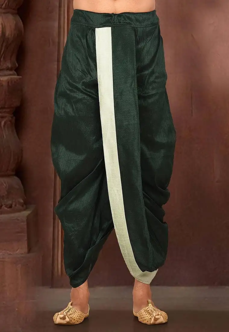 Green dupion art silk readymade dhoti with patch work