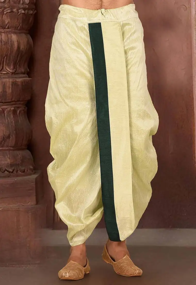 Yellow dupion art silk readymade dhoti with patch work