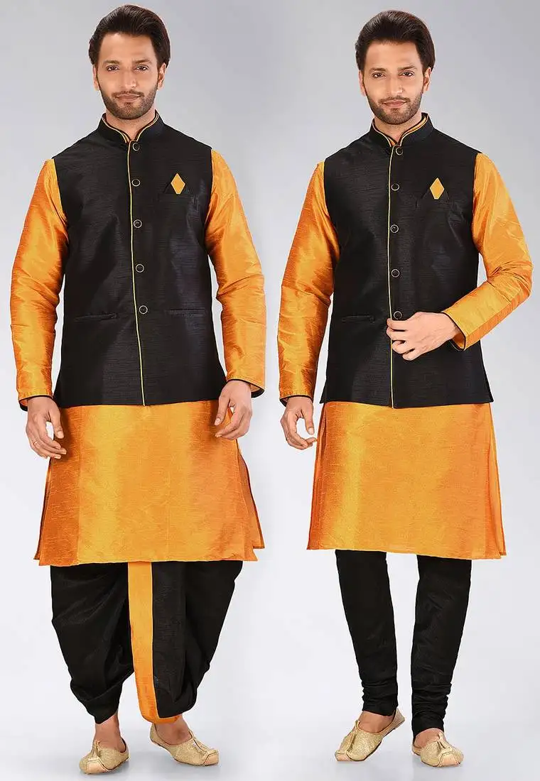 Mustard dupon art silk kurta, jacket with matching dhoti and churidar