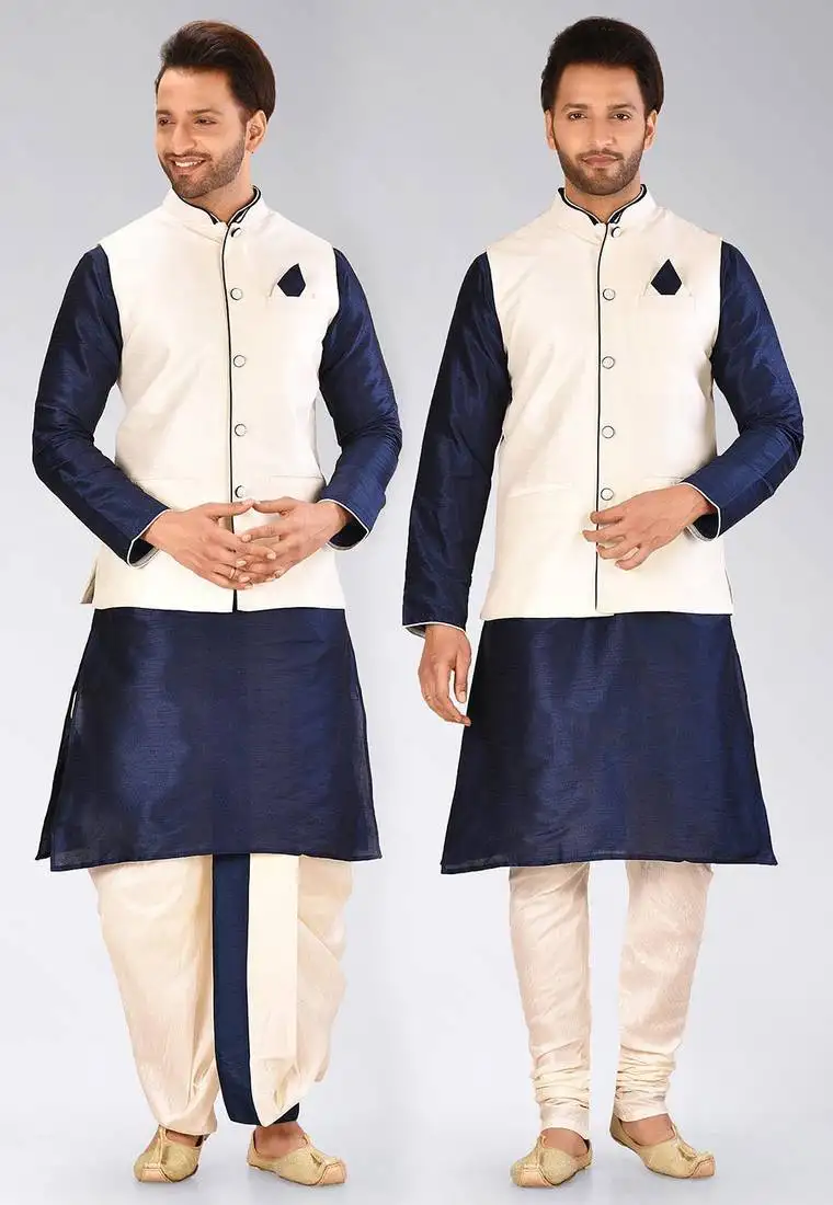 Navy blue dupon art silk kurta, jacket with matching dhoti and churidar