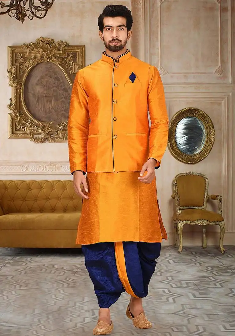 Mustard dupon art silk kurta, jacket with matching dhoti