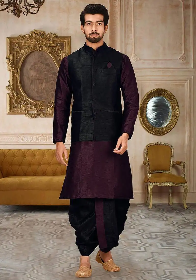 Wine dupon art silk kurta, jacket with matching dhoti