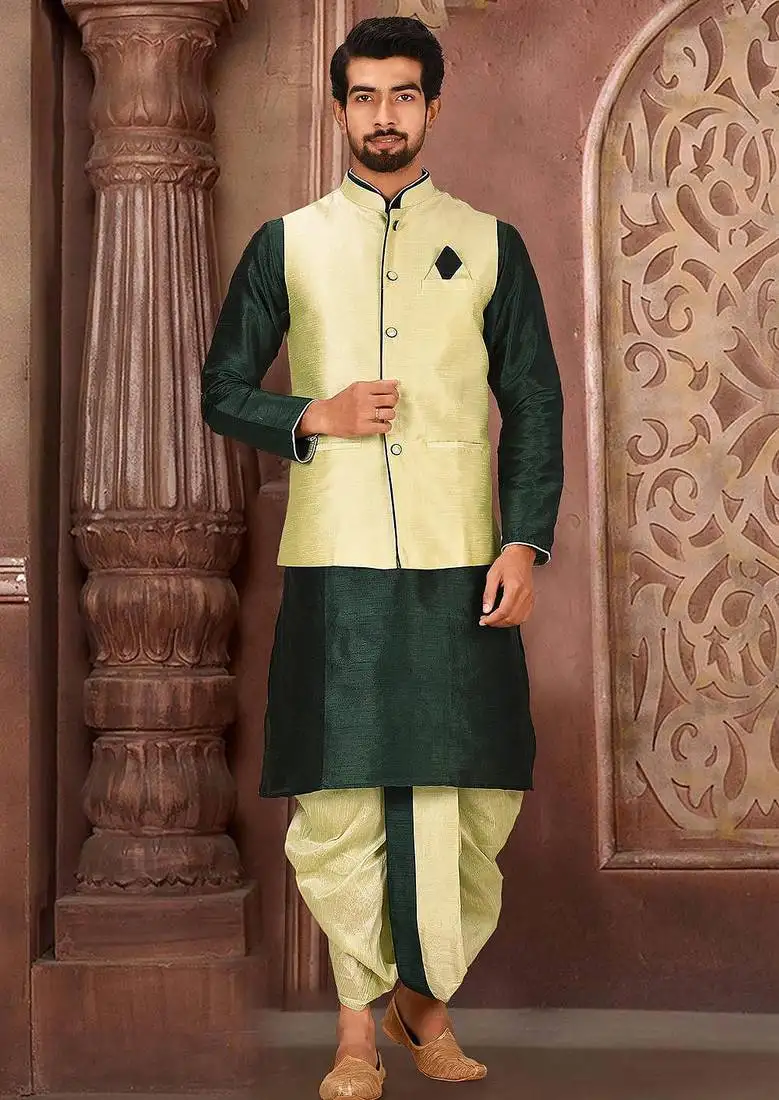 Rama green dupon art silk kurta, jacket with matching dhoti